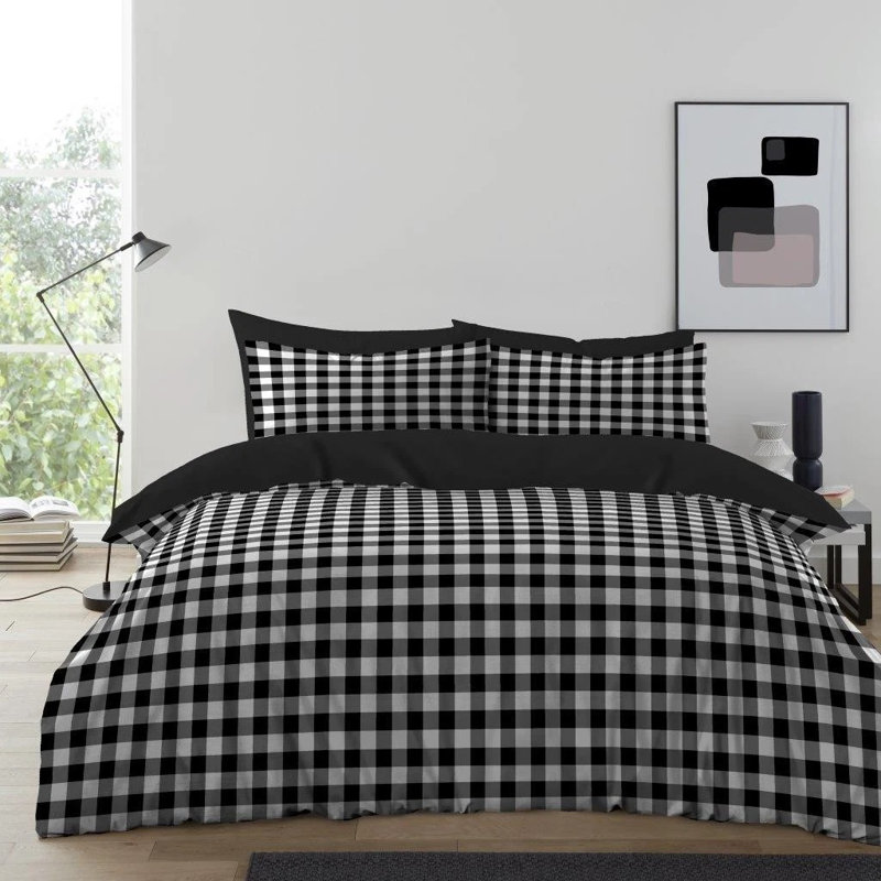 Luxury Gingham Microfibre Duvet Cover Set with Pillowcases Soft Breathable Easy Care Bedding All Sizes, Black