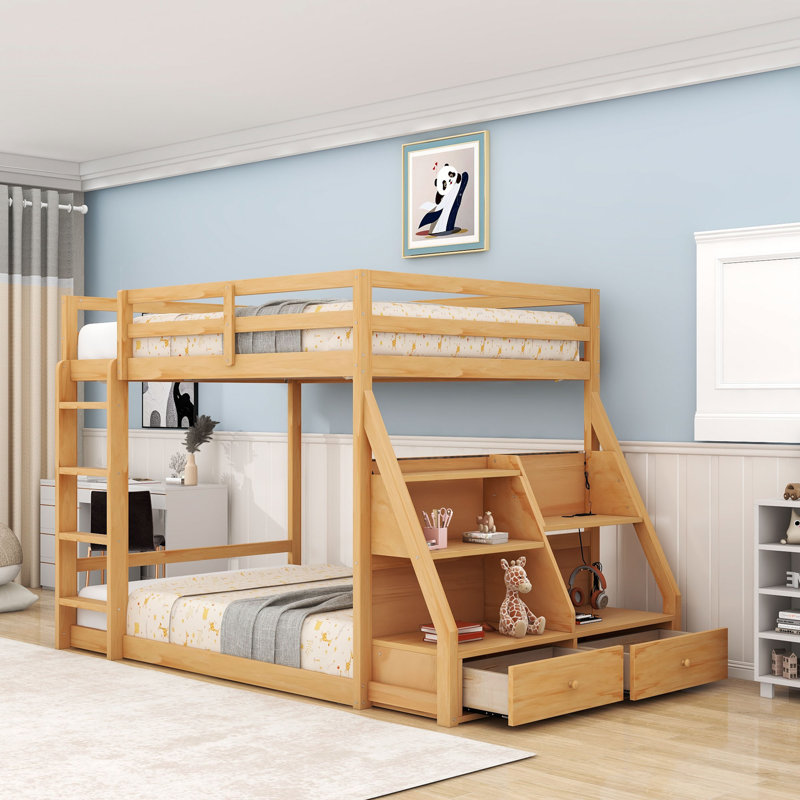 Lit superposé double en bois avec 2 tiroirs et tablettes, Naturel