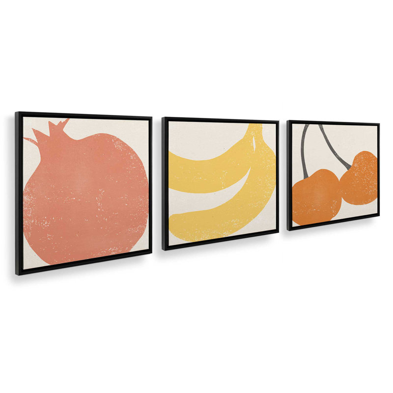 Minimalist Fruit Medley, ensemble de 3, reproduction sur toile, Cadre flottant noir satiné, H 12,75 po x l 12,75 po