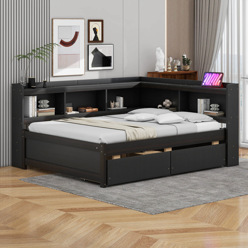 Full Size L-Shaped Daybed With Bookcases And 2 Drawers