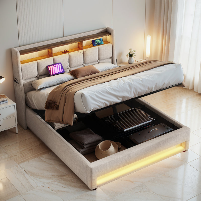 Lit plateforme tapissier hydraulique avec rangement et lumière DEL, Beige, Grand