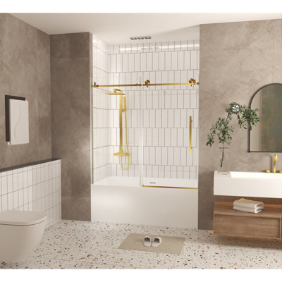 Frameless Shower Door 60" H, Clear Tempered Glass, Explosion Proof Film, Stainless Steel Handle