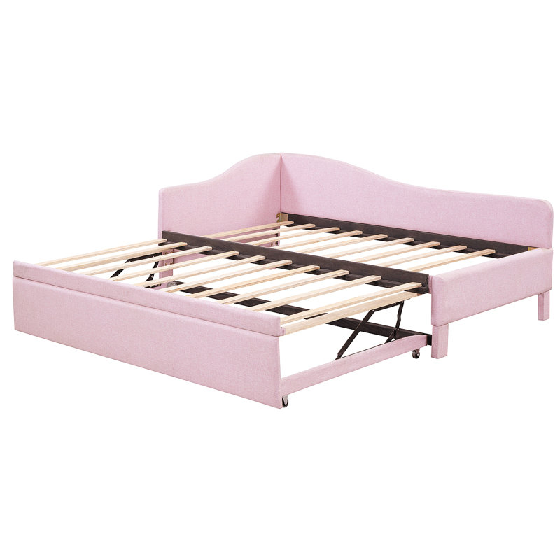 Lit de jour simple tapissier en L rembourré avec couchette escamotable, rose