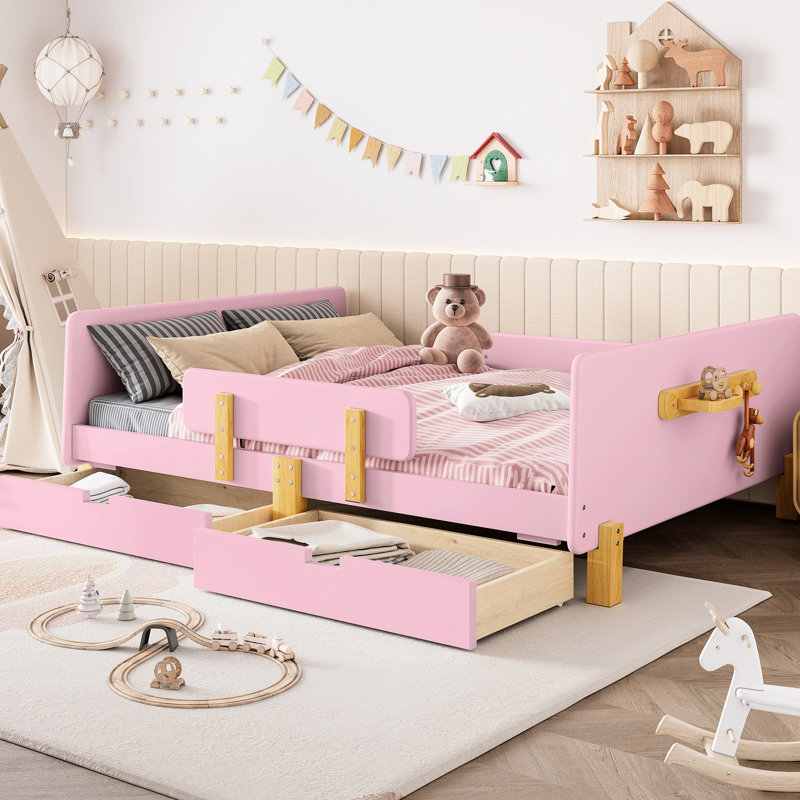 Pink Full Size Platform Bed With Solid Wood Frame, Storage, Guardrail, And Side Shelf For Bedroom's Contemporary Practical Look Rail, Harmonious Style Function
