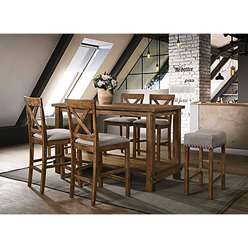 Comfortable Tan Linen Counter Height Stools (2) - Rustic Weathered Oak Legs, Backless Style Stool Grey & Modern