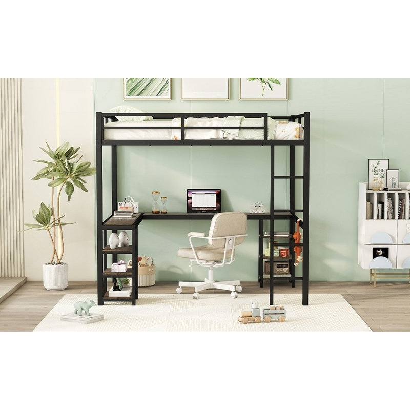 Lit mezzanine double en métal (grand lit), sans sommier, support solide, noir