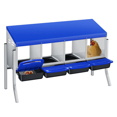 Roll Away Chicken Nesting Box with legs, 4-Compartment Galvanized Steel Hen Nest with Lid & Plastic Tray, Freestanding or Wall Mount Poultry Nesting Boxes for Easy Egg Collection, Blue