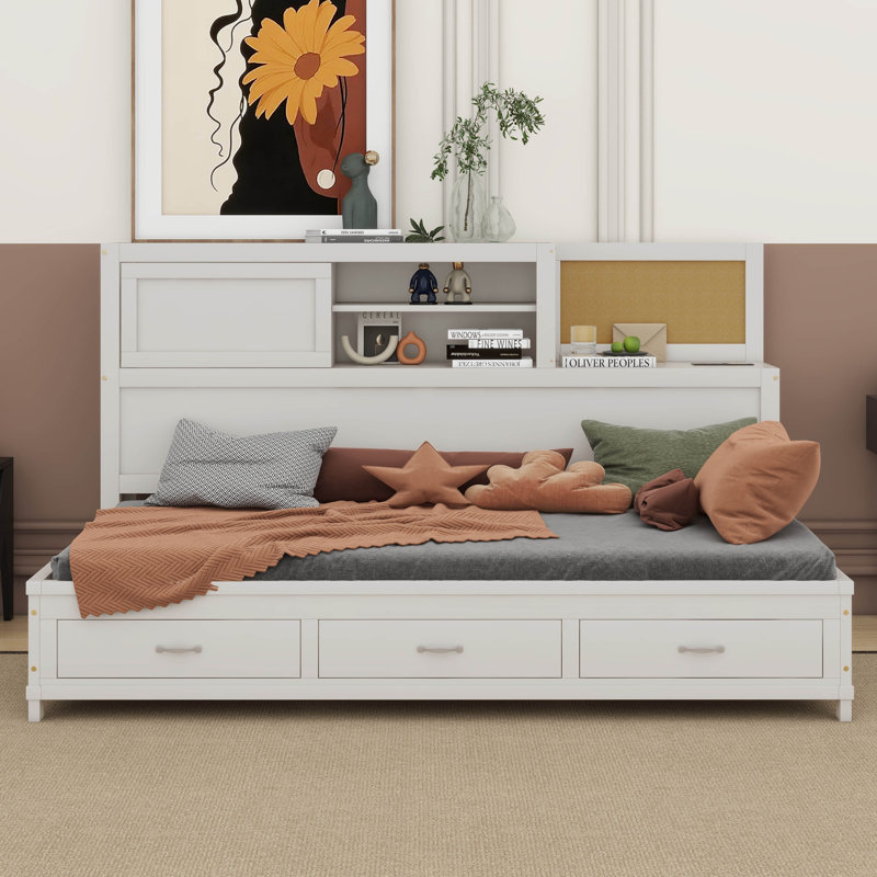 Lit de jour en bois Nablah avec 3 tiroirs de rangement, plateau souple supérieur, Simple, Blanc