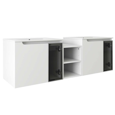 Wall-Mounted Bathroom Vanity With Ceramic Sink, Soft Close Doors, Glossy White Vanity & Grey Glass 1/2 Door, 1Xsmall Storage Shelf(KD-Packing)