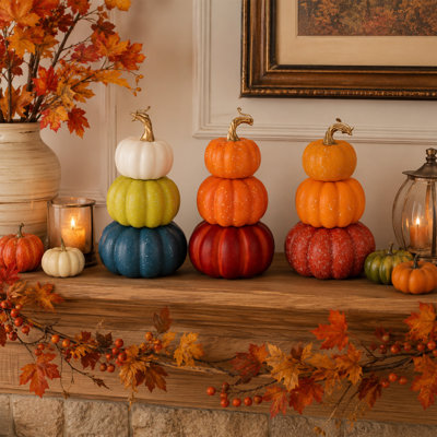 3‑Pack 3‑Tier Stacked Faux Halloween Pumpkins, Foam Fall Porch Decor, Assorted Multi‑Color Autumn Porch Ornaments, Indoor Outdoor Fall Decor for Tabletop Mantel Entryway Seasonal Home Decoration