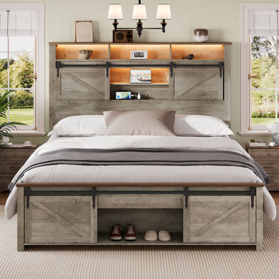 Farmhouse Queen Bed Framewith Sliding Barn Door Storage Platform Bed Frame with Storage Headboard and LED Light