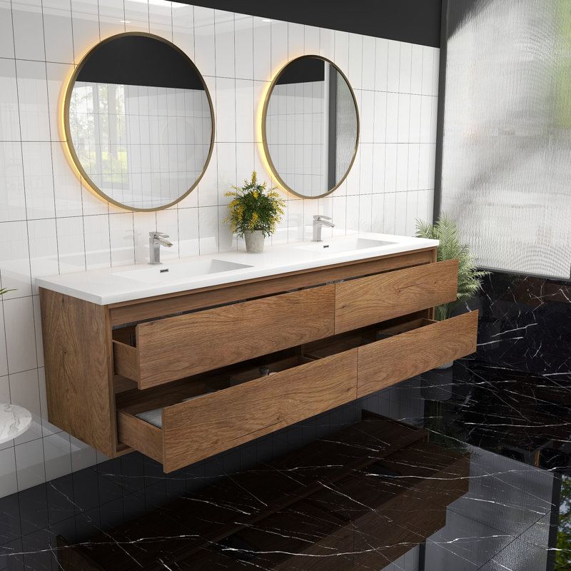 Meuble-lavabo mural double l 83 po x P 19,6 po x H 21,75 po Yacoubou, Teck chêne