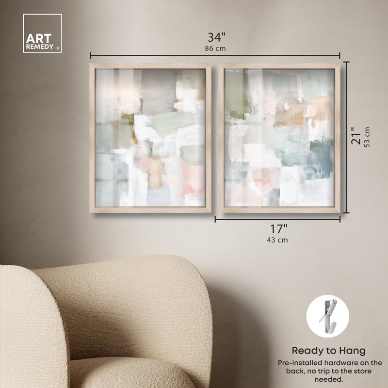 «Serene Abstract Duo Shadowbox», ensemble d'art mural abstrait par Art Remedy, H 21 po x l 17 po, Cadre blond