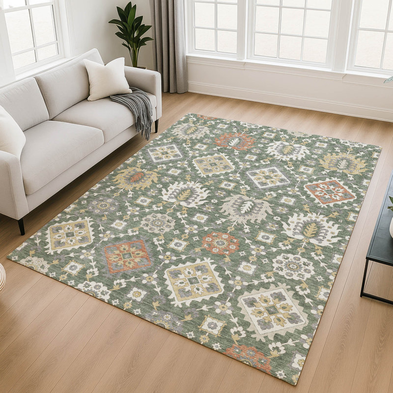 Premium Machine Washable Mayfield AMF2200 bohemian Rug, Green, 2'6" x 3'10"