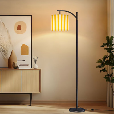 Lampe sur pied à arc avec abat-jour réglable à rayures verticales à rayures verticales jaune et blanc Lampe sur pied 3 couleurs à intensité variable avec interrupteur au pied pour la chambre à coucher