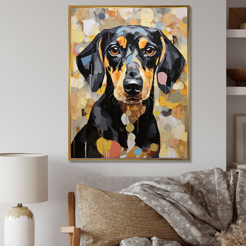 Drôle de daschund sur toile, Cadre flottant doré, H 44 po x l 34 po x P 1,5 po