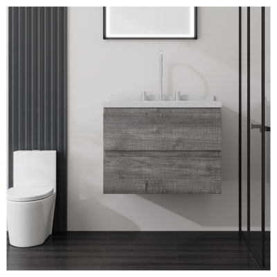 Meuble-lavabo suspendu de 61 cm avec lavabo, tiroir à fermeture amortie, comptoir et dosseret en marbre reconstitué blanc de Carrare, armoire en contreplaqué gris