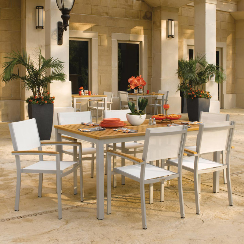 Travira Stacking Patio Arm Chair, Natural Sling, Flint, Tekwood Natural