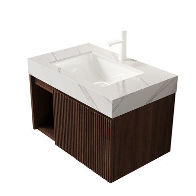 Meuble-lavabo EIDEN 76 cm avec lavabo suspendu, comptoir en pierre frittée blanc Carrara et lavabo en céramique avec 1 trou pré-percé pour robinetterie, préassemblé, robinetterie et bonde non inclus, couleur noyer.