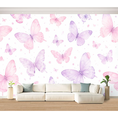 Wall Mural Peel and Stick Wallpaper Pastel Pink Purple Butterfly White Self-Adhesive Removable Contact Paper Wall Decor for Living Room Bedroom 100"H x 144"W
