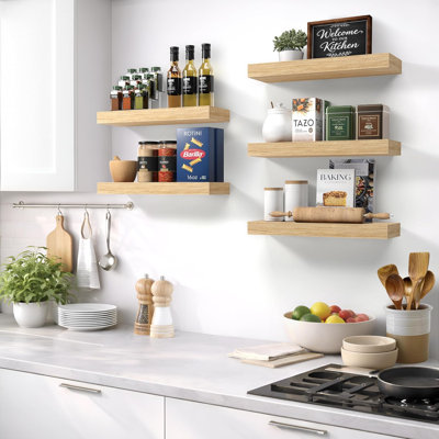 Tablettes flottantes de 16 pouces pour mur (paquet de 5, bois d'érable) avec tablettes invisibles pour les cuisines, les chambres à coucher, les salons, les salles de bain et la décoration intérieure.