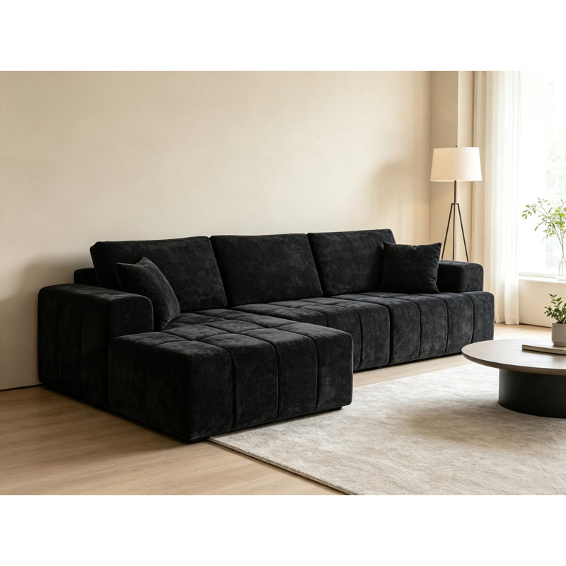 Canapé modulaire en L 108 po en chenille noir de 108 po, canapé à compression 4 places avec méridienne gauche, porte-gobelets et poches latérales, canapé rembourré sans assemblage pour salon