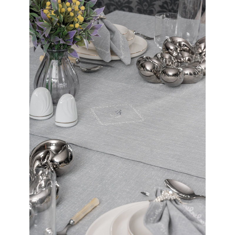 Elegant Tablecloth Set (8 Pieces), Grey, 68.9 x 94.5 inches | 90% Polyester / 10% Cotton, Includes 1 Tablecloth (68.9 x 94.5 in), 1 Runner (15.7 x 55.1 in), 6 Towels (15.7 x 15.7 in) | Machine Washable & Easy Care