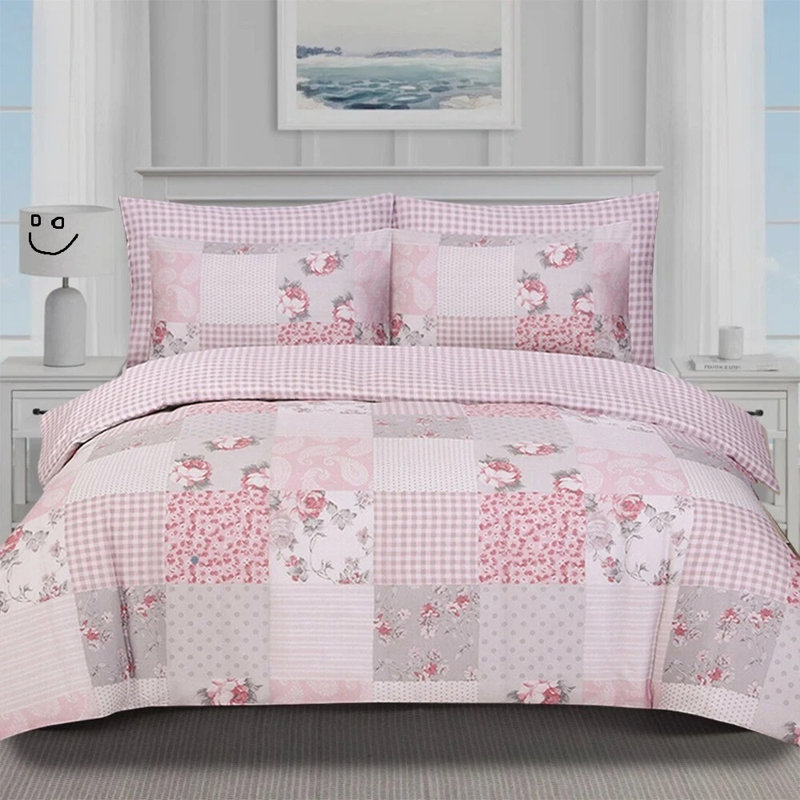Bedding, Super King Duvet Cover + 2 Standard Pillowcases, Patch Work Floral Grey