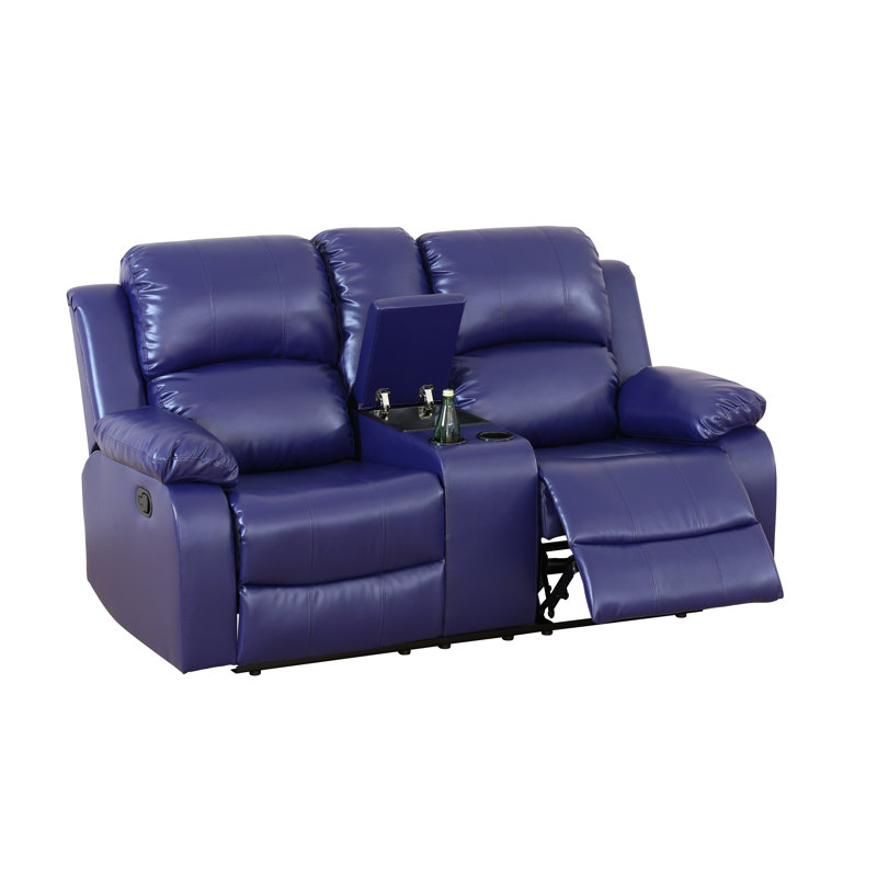 Dark Blue Vegan Leather Manual Recling Loveseat, Blue