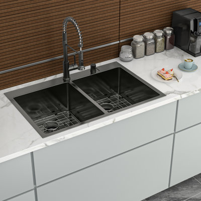 33"X22" Gunmetal Black 16 Gauge Double Bowl Drop In Sink With 10" Deep Basins, 50/50 Design For Enhanced Kitchen Efficiency, Hand - Crafted Rear 3.5 Drain, X Grooves Quick Water Drainage, 3Mm Sound