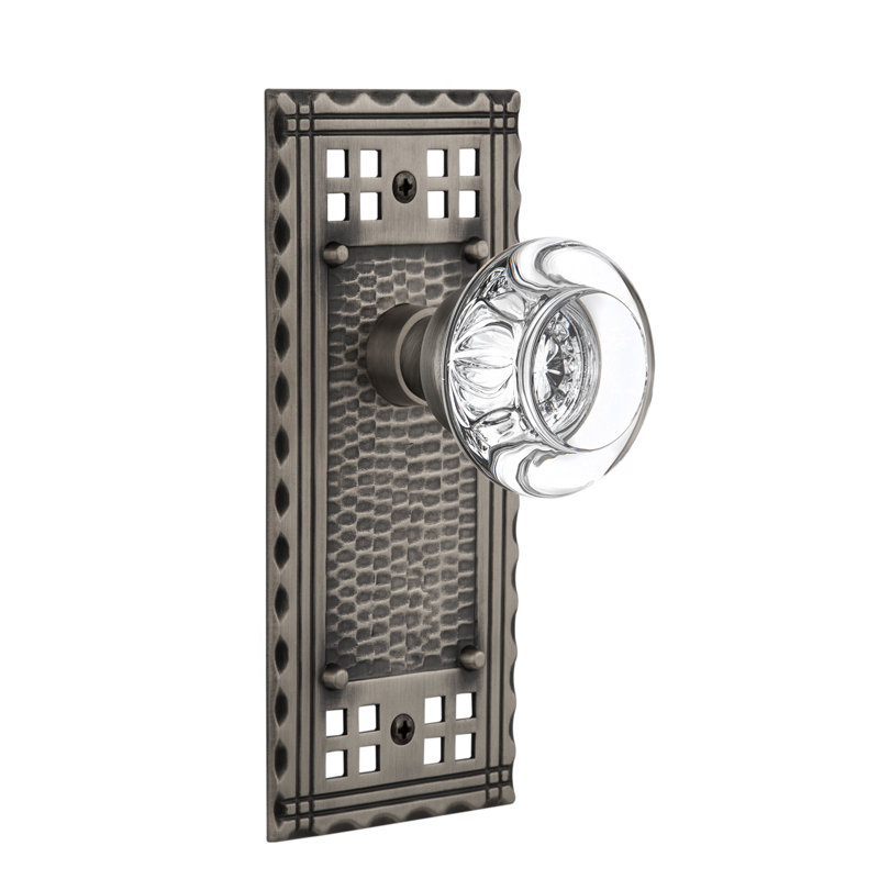 Craftsman Plate with Round Clear Crystal Door Knob, Antique Pewter, 2.375"