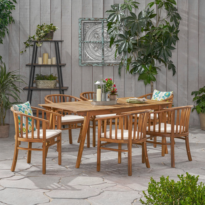 Ensemble repas d'extérieur en bois d'acacia 6 places avec coussins, finition et crème