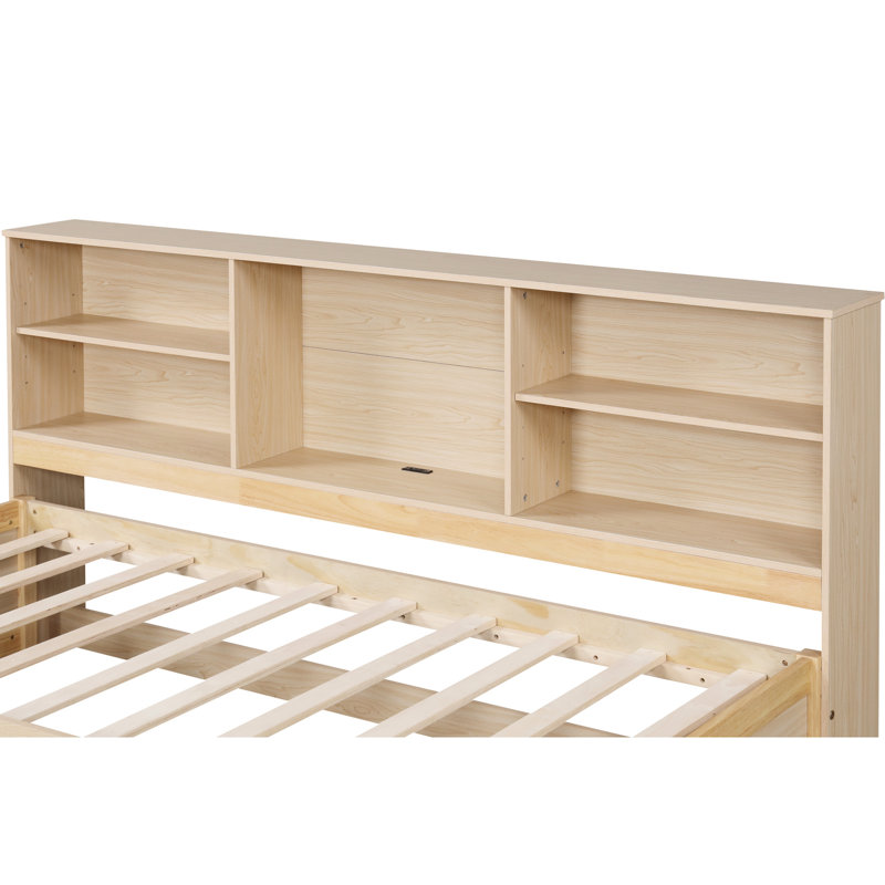 Structure de lit de jour simple avec buffet, port intégré, 2 tiroirs, tablettes latérales au fini naturel, abat-jour, Naturel