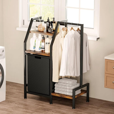 Laundry Hamper With Hanging Rack And 3 Shelves, Large Laundry Storage Basket