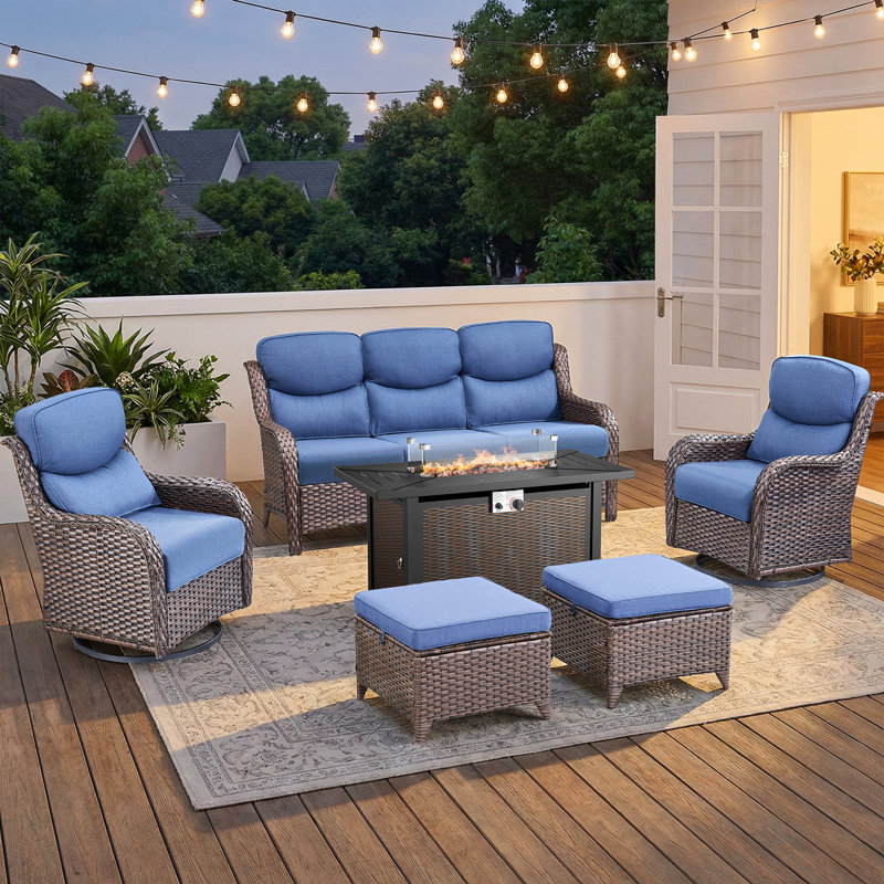Simino 6-Piece Outdoor Wicker Patio Rectangle Metal Fire Pit Table Conversation Set With Swivel Gliders And Ottomans, Blue