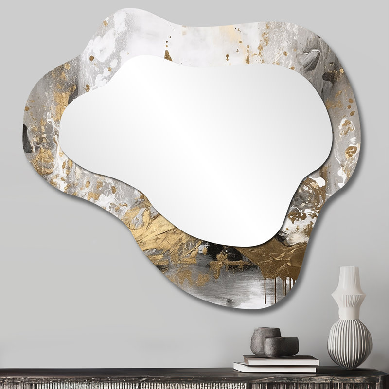 Modern White And Gold Abstract - Irregular Abstract Assymetrical Modern Unique Wall Mirror, 25" x 28"
