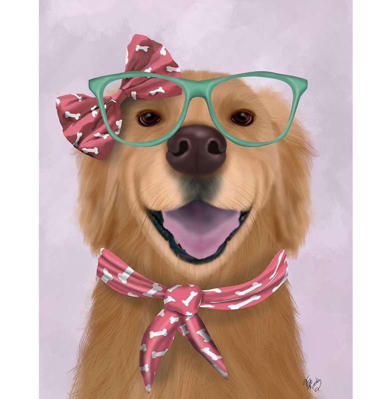 Art sur toile tendue Red Barrel Studio® Fab Funky Gallery, titré: Golden Retriever, lunettes et foulard, H 18 po x l 15 po