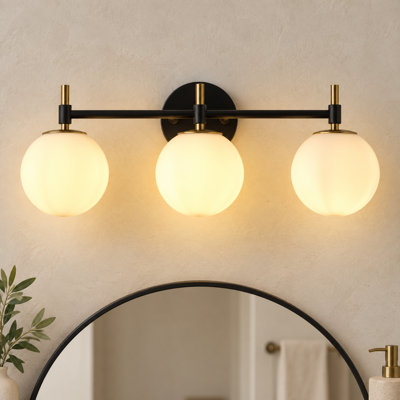 3-Light Black Metal Vanity Light with Glass Shades, E12 Base, Dimmable UL Certified Bathroom Wall Fixture