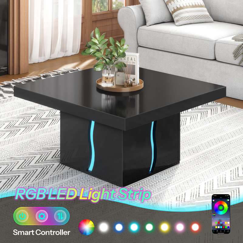 31.5'' Square Coffee Table,High Gloss Minimalist Design with LED Lights ,Living Room Table