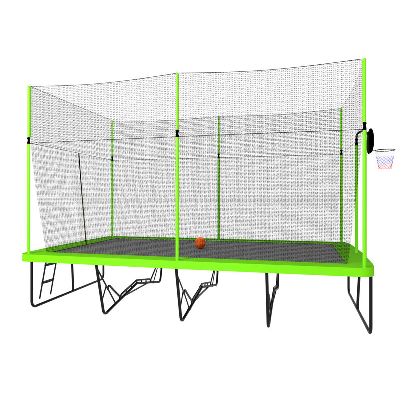 10x17FT Rectangular Trampoline with Basketball Hoop & Advanced Ladder - Green/Black