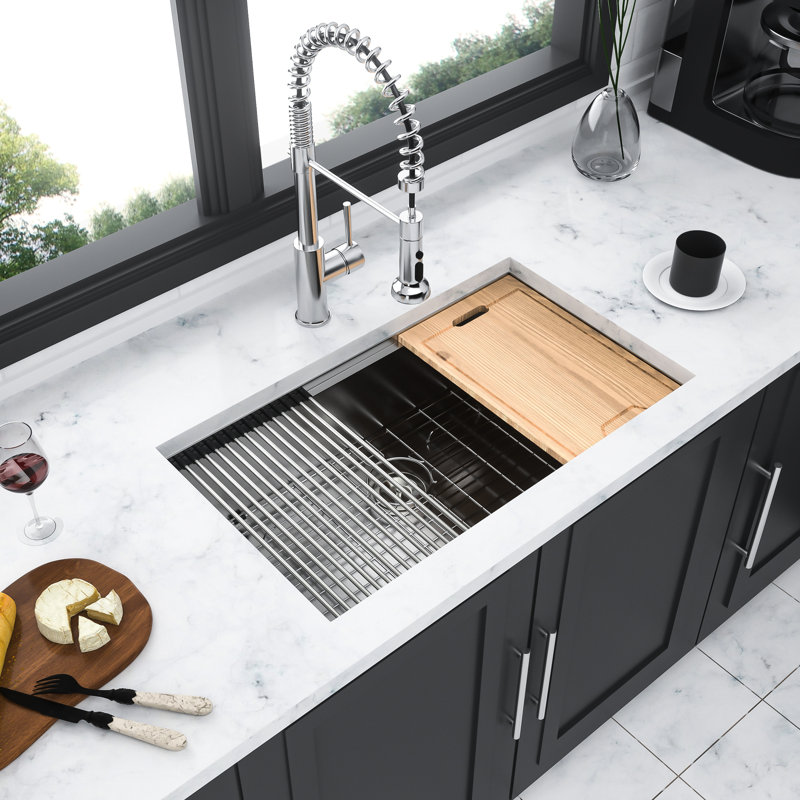 Évier de cuisine en acier inoxydable de calibre 18, 33 * 19 * 9 pouces, changement de mode de poste de travail, drainage facile, humidité, tampon, guide d'installation
