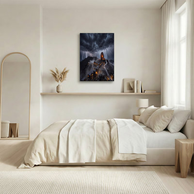 Illuminated Observatory On Stormy Mountain Canvas Wall Art