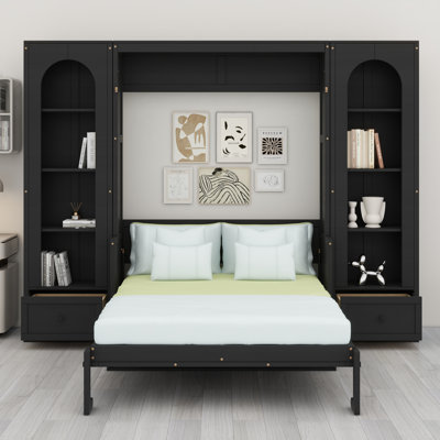 Queen Size Murphy Platform Bed With Shelf, Side Cabinets, Drawers And LED