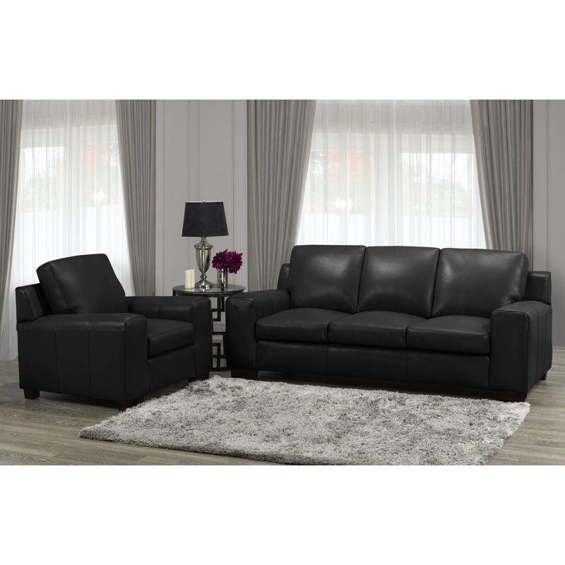 Canapé en cuir véritable 86 po Davontai, Cuir corbeau
