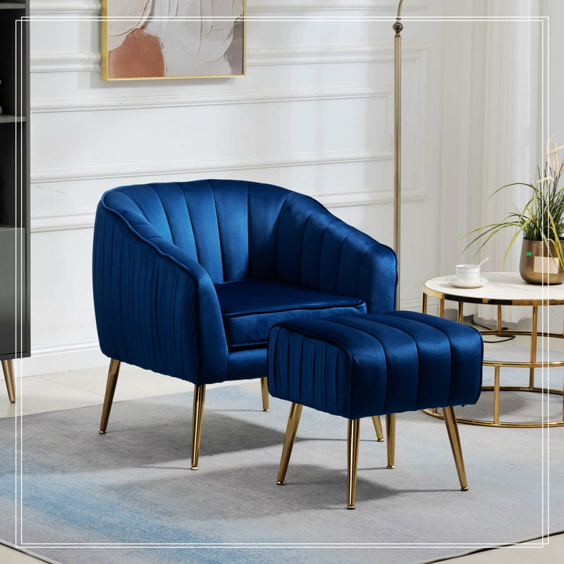 Fauteuil d'appoint avec repose-pieds, Velours bleu