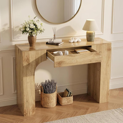 47" Farmhouse Console Table with Drawer, Narrow Sofa Table, Natural Wood