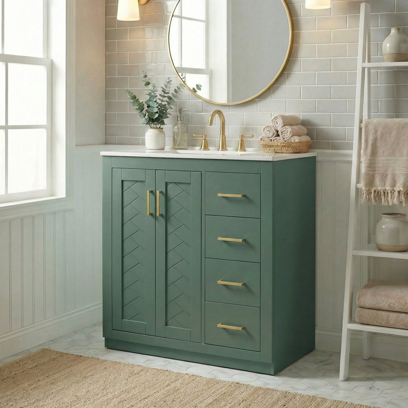 Meuble-lavabo 30 po avec lavabo intégré, 2 portes et 3 tiroirs de rangement, quincaillerie à fermeture en douceur, finition peinte