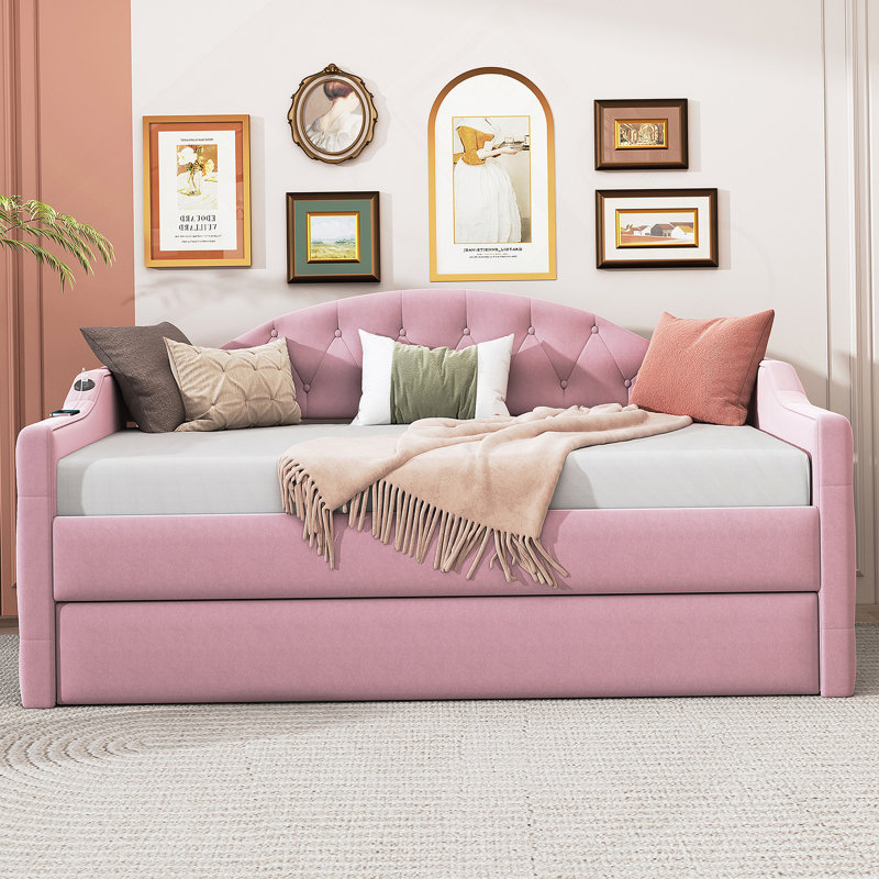 Tufted Upholstered Daybed with Trundle, USB and Type-C Charging Ports