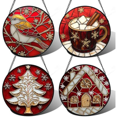 Stained Glass Window Hanging 4 Pcs Set Red Christmas Themed Decorations Large 15" - Suncatcher Door Garden Sun Catcher Decor Birthday New Year For Mom Woman Nana Men