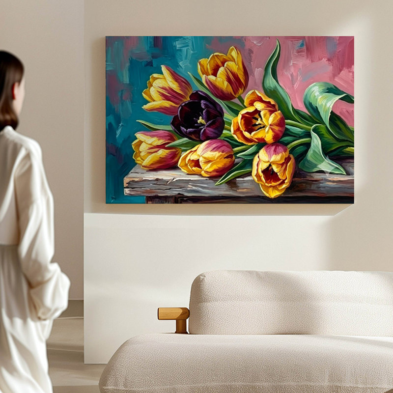 Impressionist Tulips Vibrant Impressionist Canvas Wall Art, 24" x 36" Gallery Wrapped Canvas Print, Red & Yellow Floral Wall Decor for Dining Room, Living Room & Bedroom